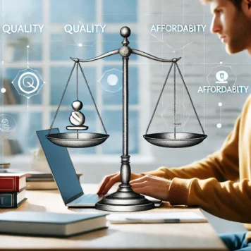 A student working on a laptop in a clean, modern workspace with a balanced scale in the background symbolizing quality and affordability, surrounded by books and academic elements.