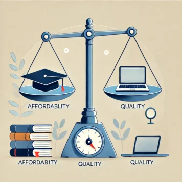 A minimalist graphic of a balanced scale with affordability on one side and quality on the other, surrounded by academic symbols like books, a graduation cap, and a laptop in a clean and professional style.